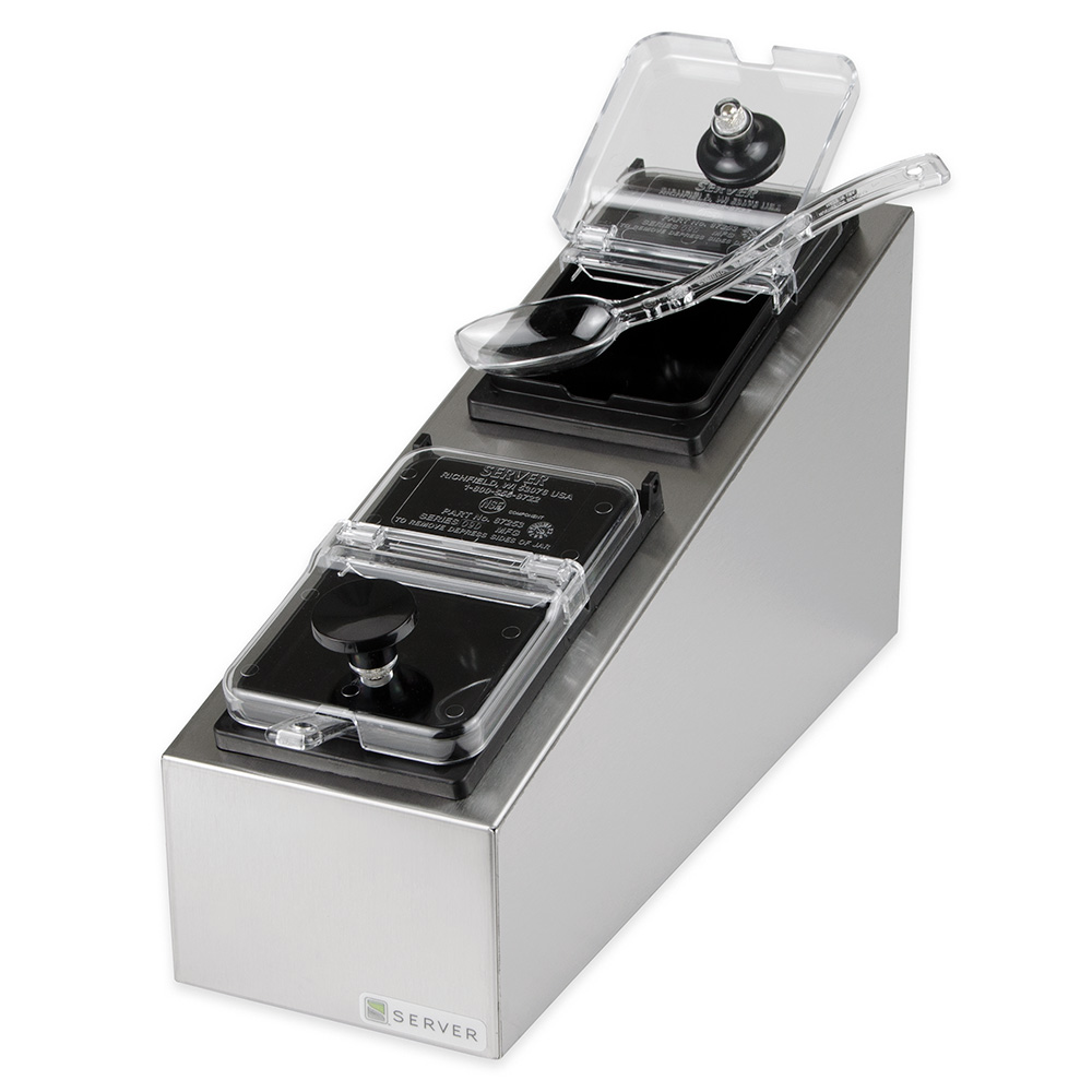 Server Products 85541 Topping Rail w/ (2) 3.5-in Black Plastic Jars & Clear Hinged Lids