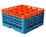 Carlisle RG164C412 16-Compartment Glass Rack, 7-9/10-in H, 3-Extenders, Blue & Orange