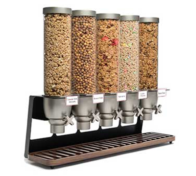 Rosseto Serving Solutions EZ522 Dry Product Dispenser with Black Stand - (5)1.3-gal Capacity, Walnut Tray, Clear