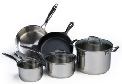 Lodge SC90SET Cookware Set: 4-Stainless w/ Glass Lids & 1-Cast Iron