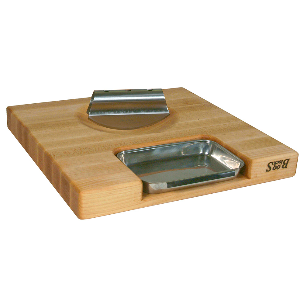 John Boos PM18180225-P-RK Gift Collection w/ 18x18x2.25-in Cutting Board, Pan & Rocker Knife, Cream