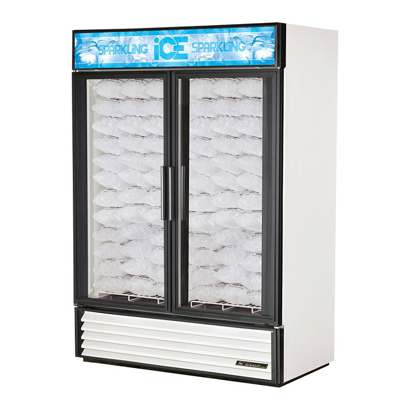 True GDIM-49NT 54" Ice Merchandiser - (117) 8-lb Bags, No Tank, 2-Glass Doors, Black