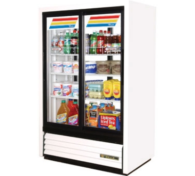 True GDM-33CPT-LD 39.5" Pass-Thru Convenience Store Cooler - 4-Door, 3-Shelf, 33 cu ft, LED, Black