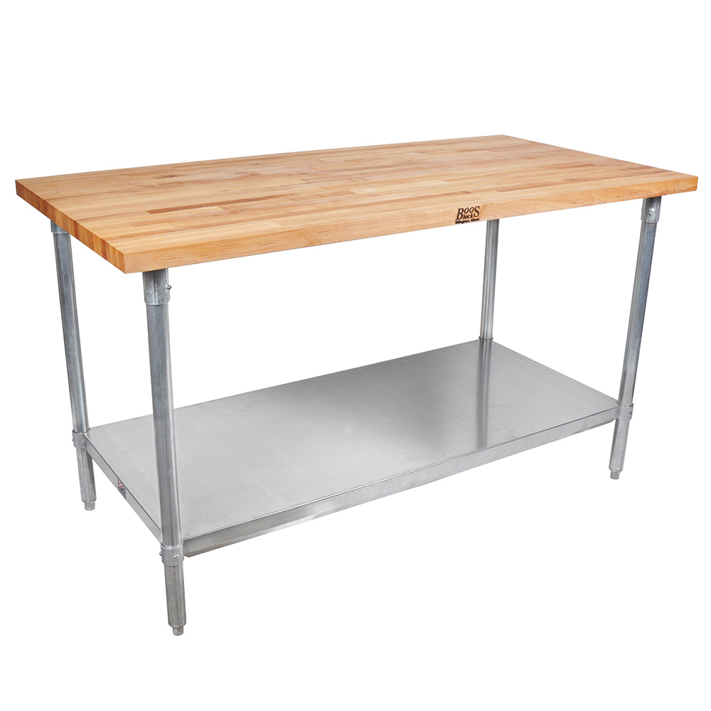 John Boos Work Table   1 1/2 Maple Top, Fixed Undershelf, 96x30, Galvanized Legs